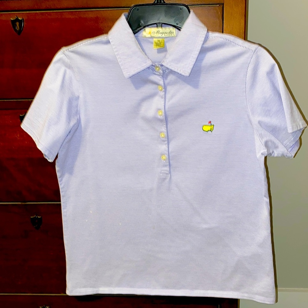 Augusta National Magnolia Lane women’s golf shirt, size M, purple and white
